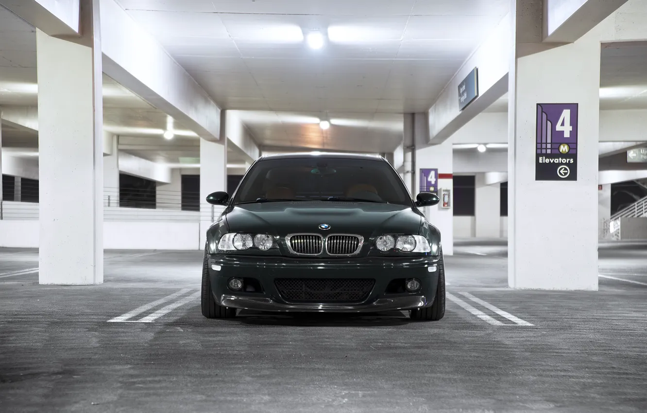 Photo wallpaper BMW, E46, M3, Dark Green, Front View, Headlight.