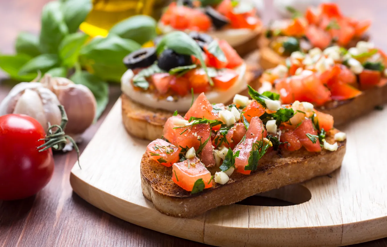 Photo wallpaper greens, tomatoes, olives, garlic, sandwiches