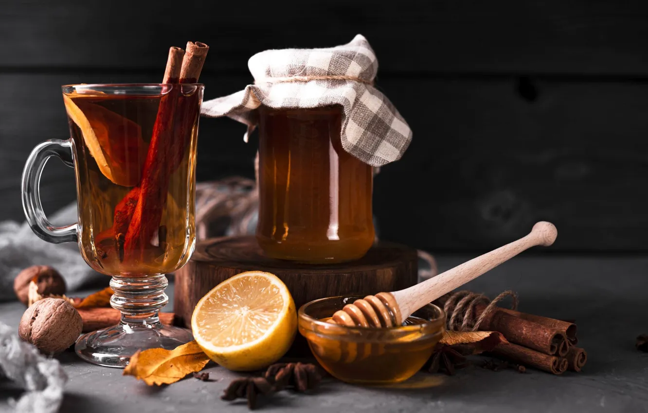 Photo wallpaper lemon, tea, honey, Bank, nuts, cinnamon