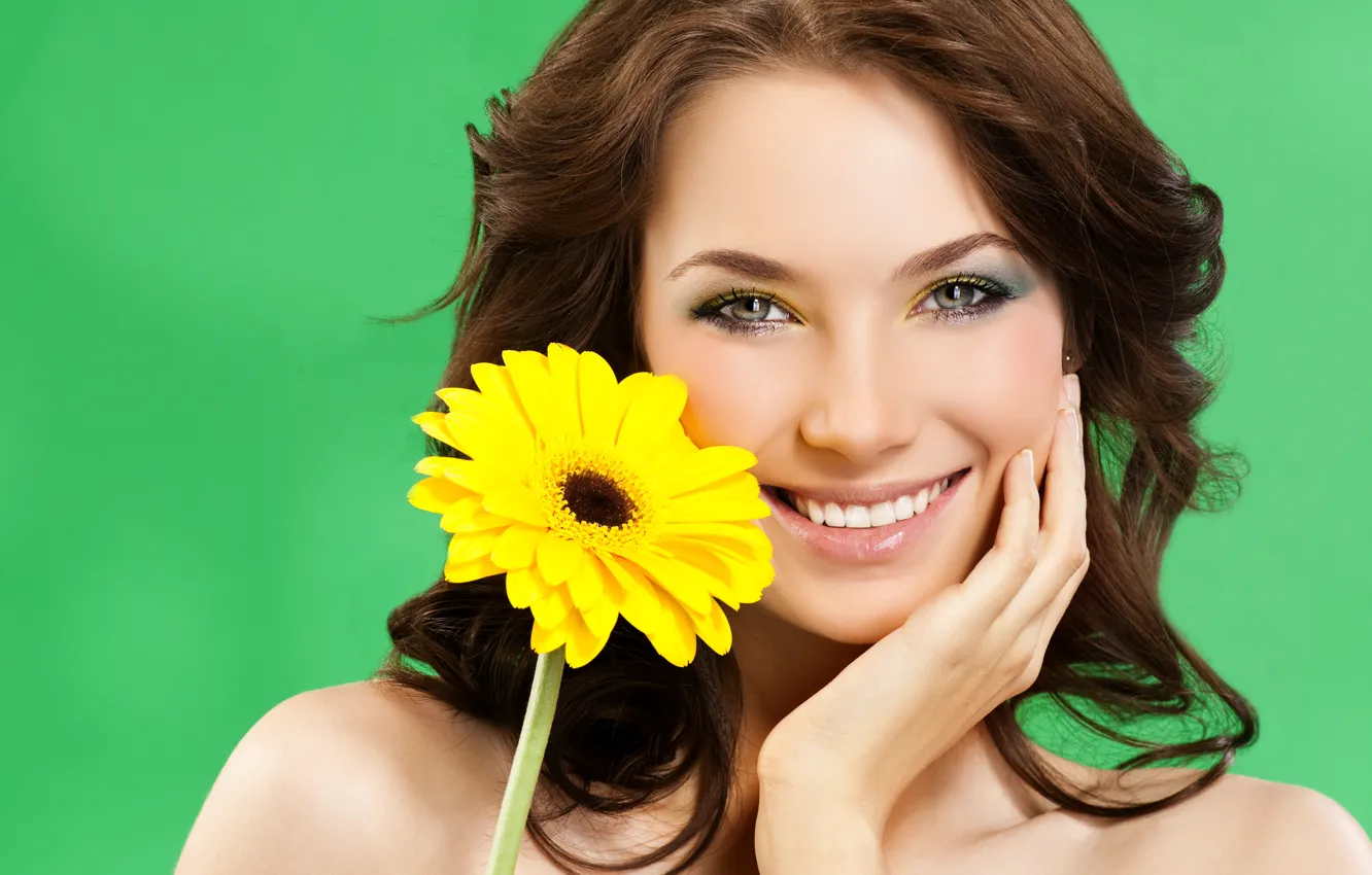 Photo wallpaper flower, girl, yellow, face, green, smile, background, hairstyle