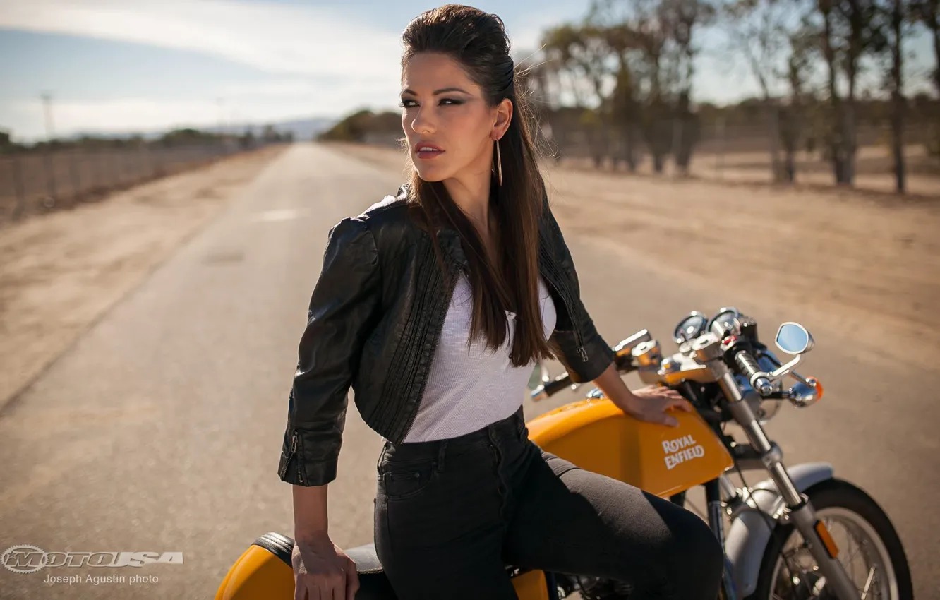 Photo wallpaper road, girl, hairstyle, girl Raquel, posing on a motorcycle Royal Enfield Continental GT