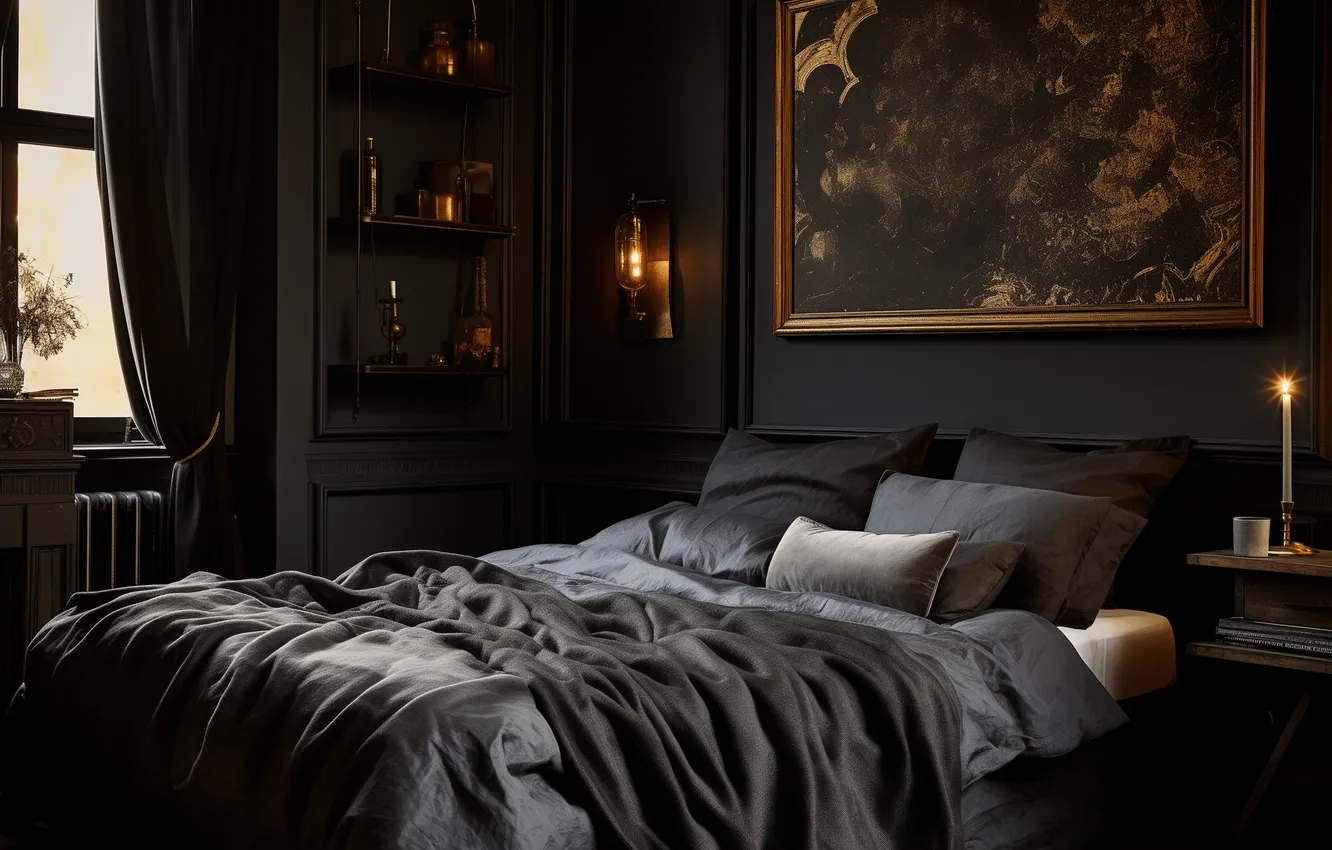 Photo wallpaper interior, picture, candles, bedroom, dark room, Gothic style, Gothic style, black color in the interior