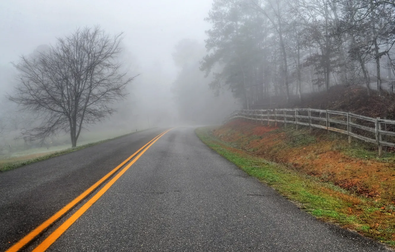 Photo wallpaper road, landscape, fog, the fence