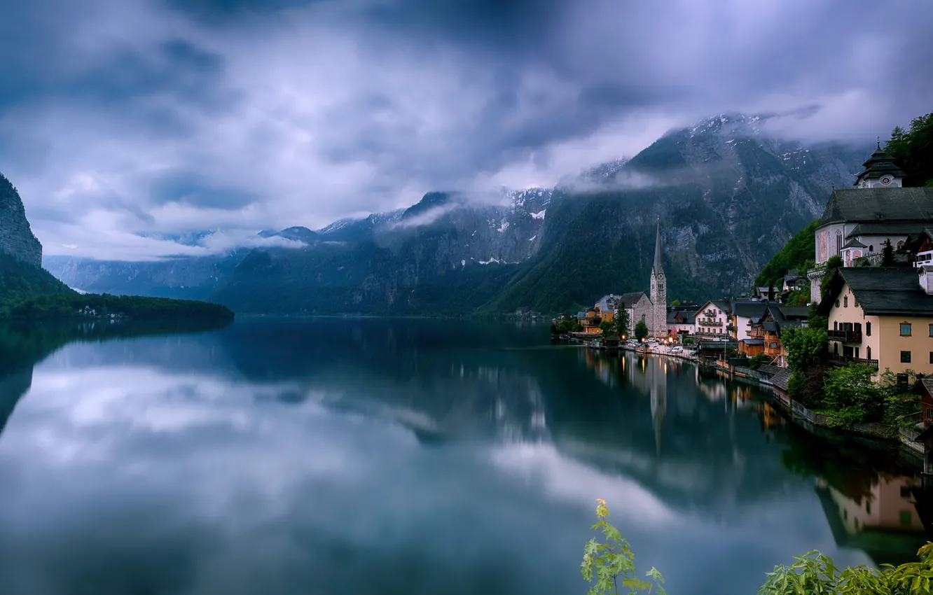 Photo wallpaper mountains, lake, building, home, morning, Austria, Alps, Austria