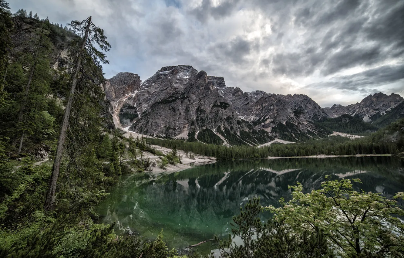 Photo wallpaper forest, trees, landscape, mountains, nature, lake, Italy, Braies