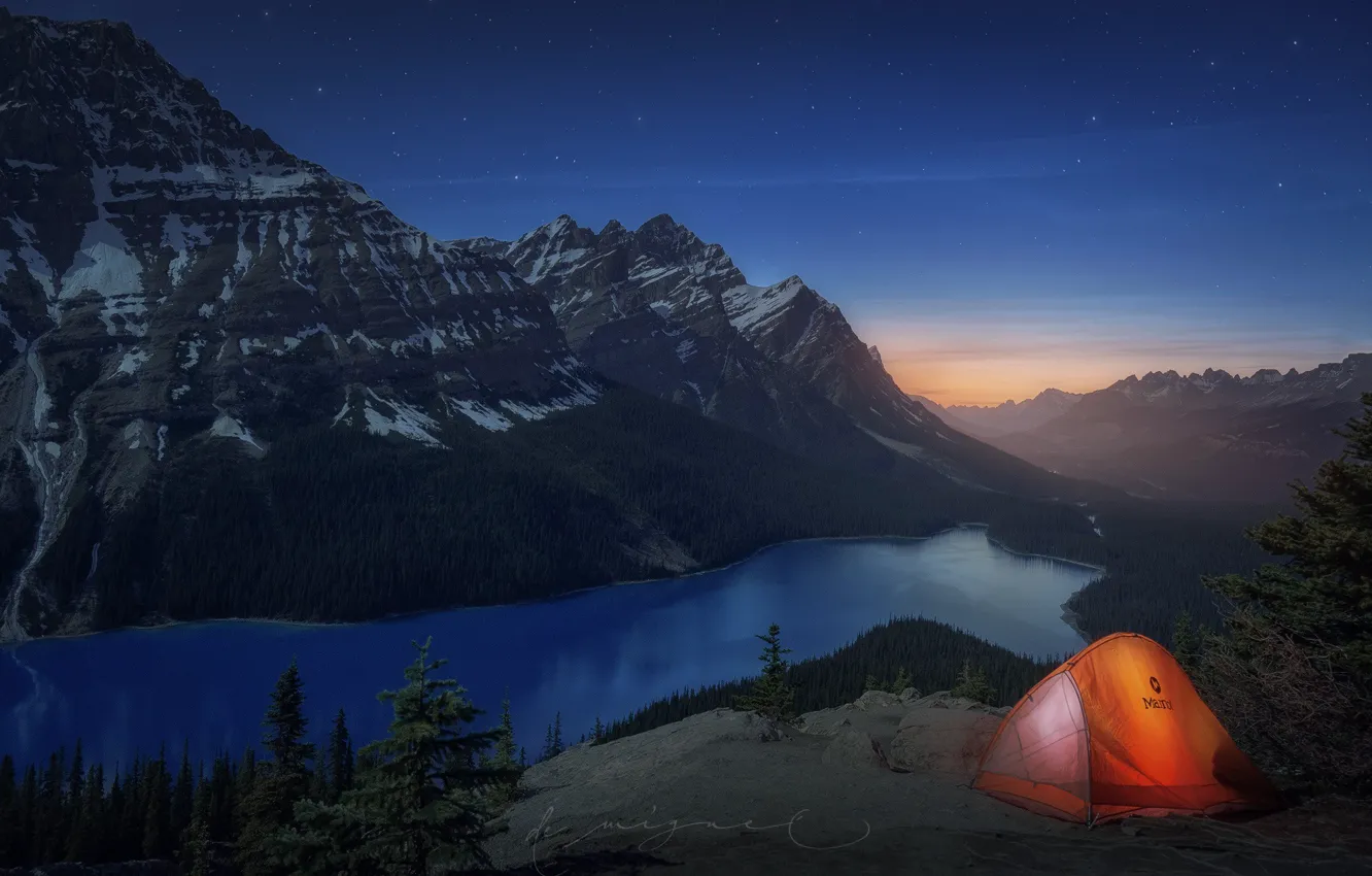 Photo wallpaper mountains, lake, rocks, the evening, Canada, tent, Albert