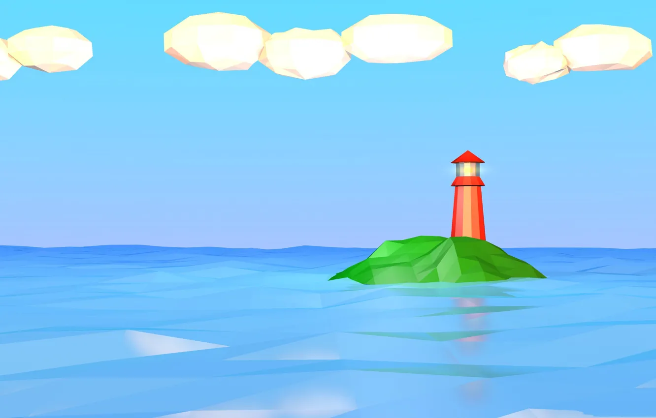 Photo wallpaper sea, clouds, lighthouse, island, low poly