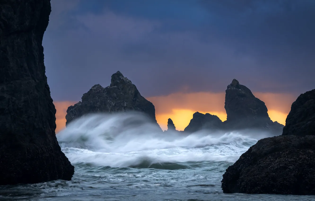 Photo wallpaper sea, wave, the sky, sunset, clouds, storm, blue, rocks