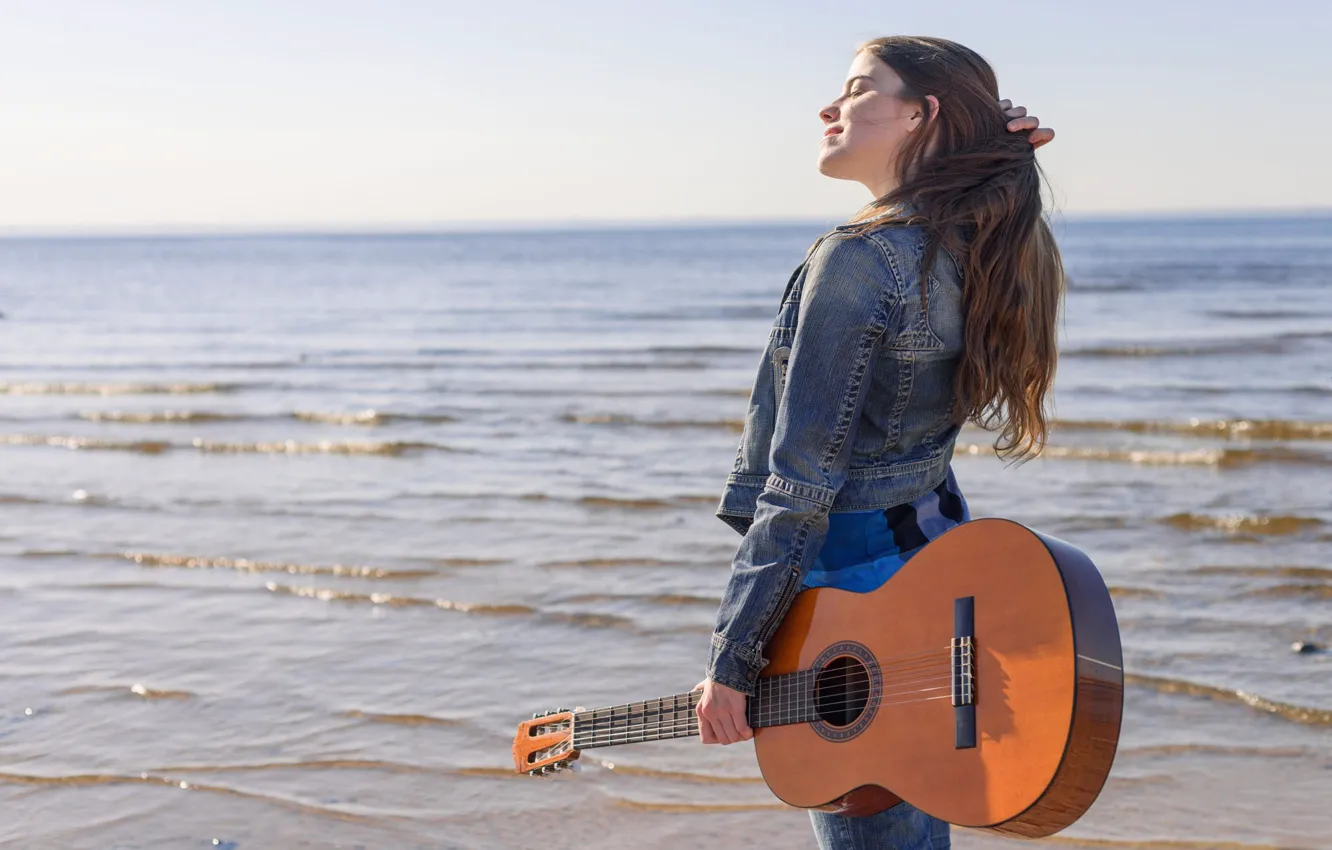Photo wallpaper sea, musical instrument, girl, music, positive, guitar, shore