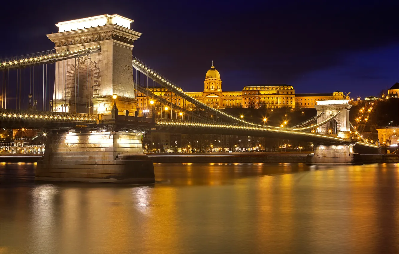 Photo wallpaper night, lights, Hungary, Budapest, Chain bridge, Buda Castle
