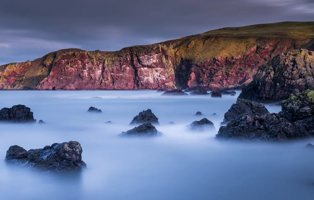 Photo wallpaper sea, stones, rocks, shore, haze, pond