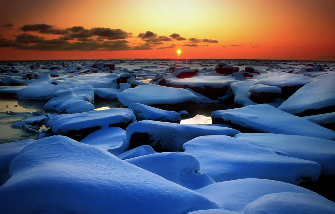 Photo wallpaper winter, the sun, snow, the ocean, horizon, ice