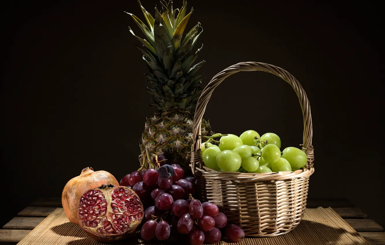 Photo wallpaper table, background, basket, grapes, fruit, pineapple, garnet