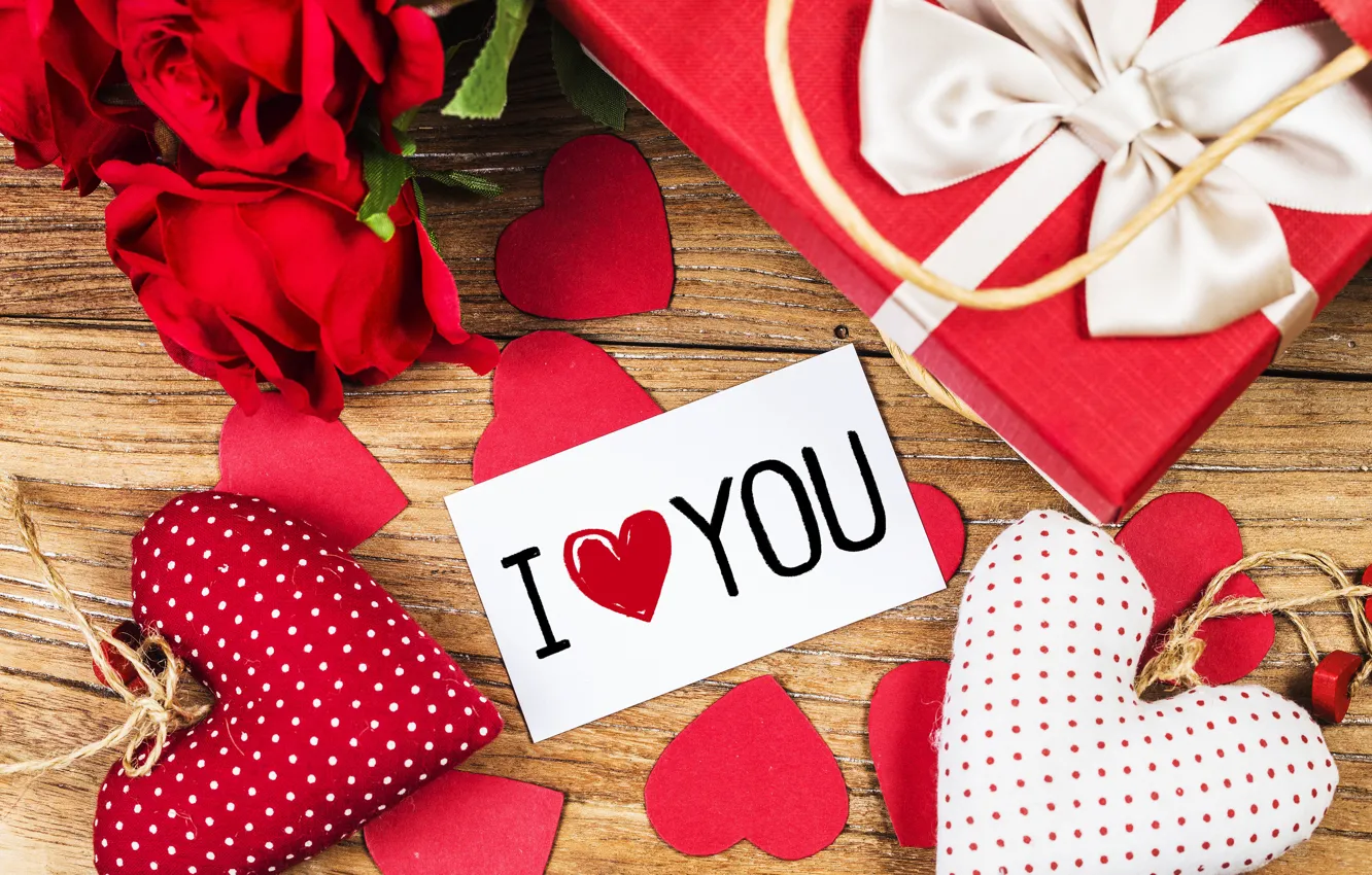 Photo wallpaper love, flowers, gift, heart, roses, red, love, i love you