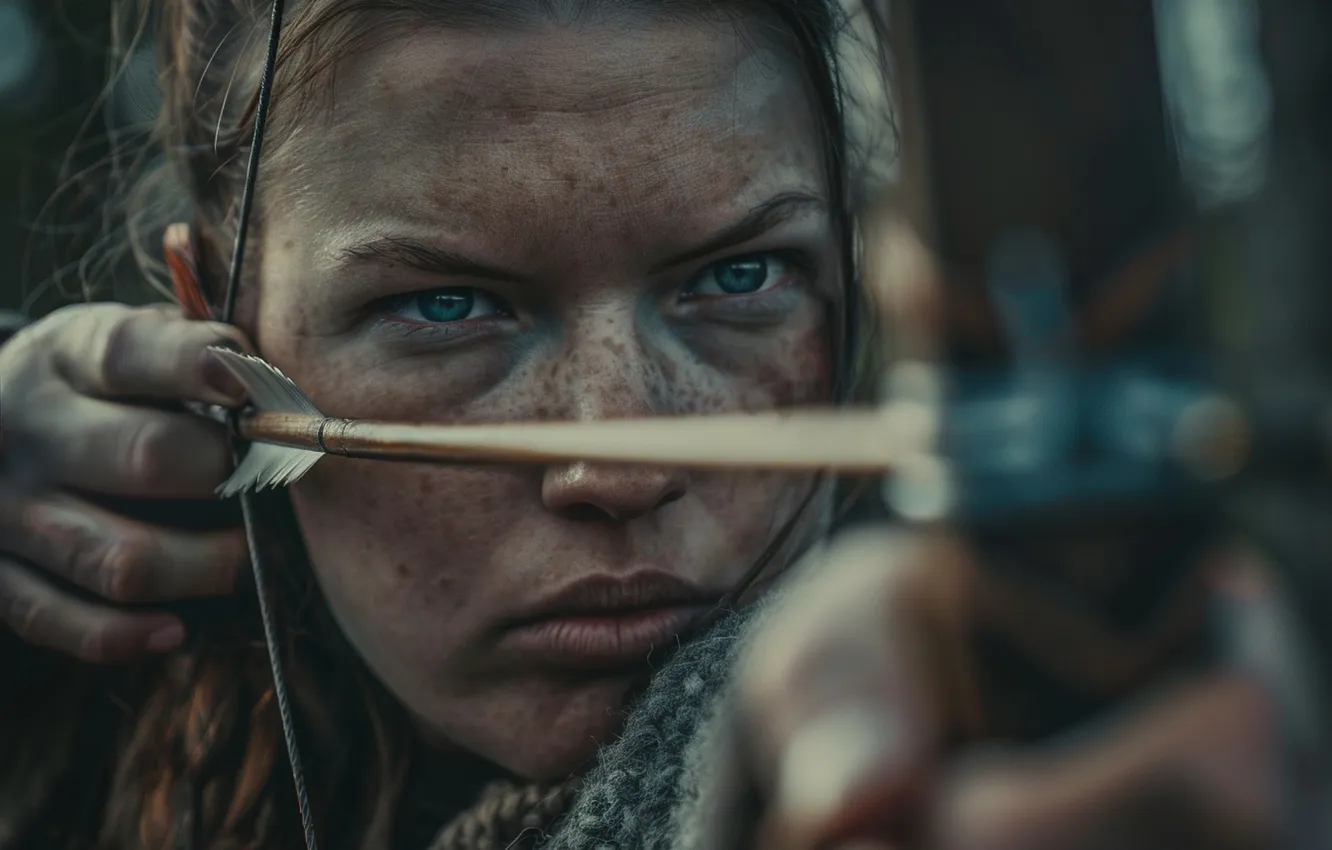Photo wallpaper look, girl, bow, arrows, warrior, closeup, digital art, The Vikings