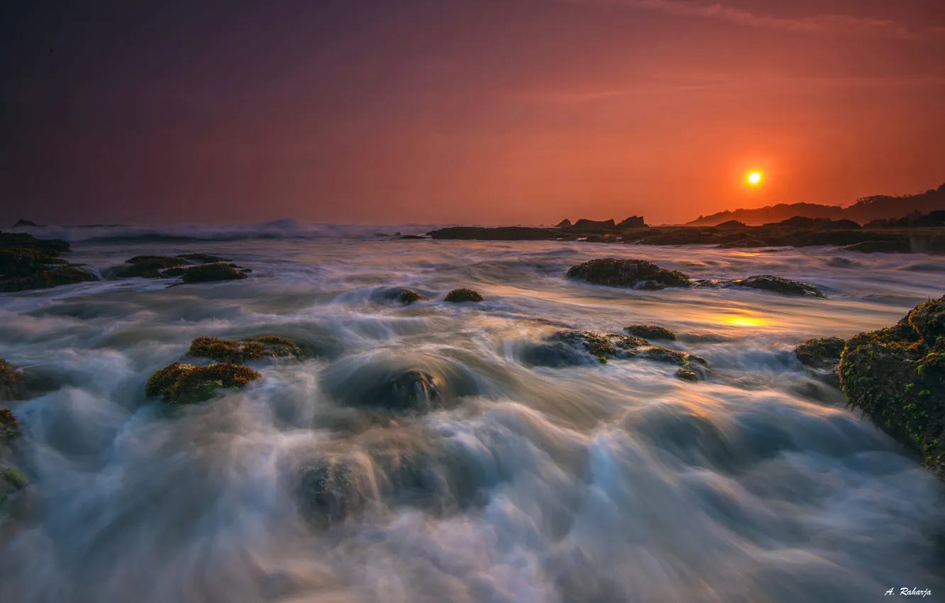 Photo wallpaper sea, the sky, sunset, stones, Anton Raharja