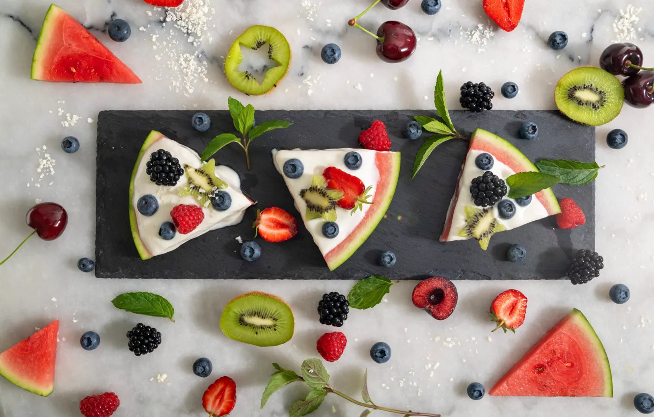 Photo wallpaper cherry, berries, raspberry, table, watermelon, kiwi, blueberries, strawberry