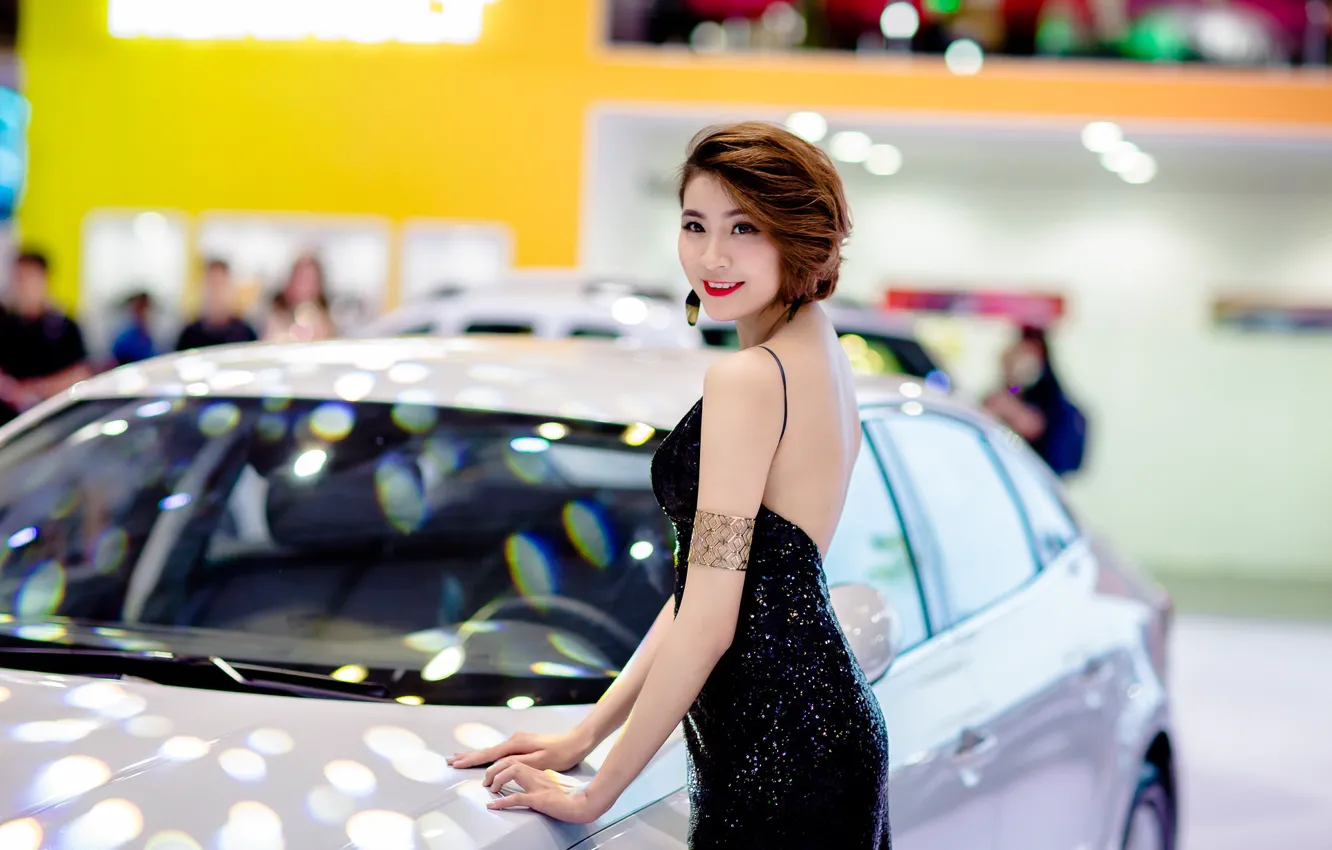 Photo wallpaper car, machine, smile, positive, Asian, black dress, beautiful girl, smile