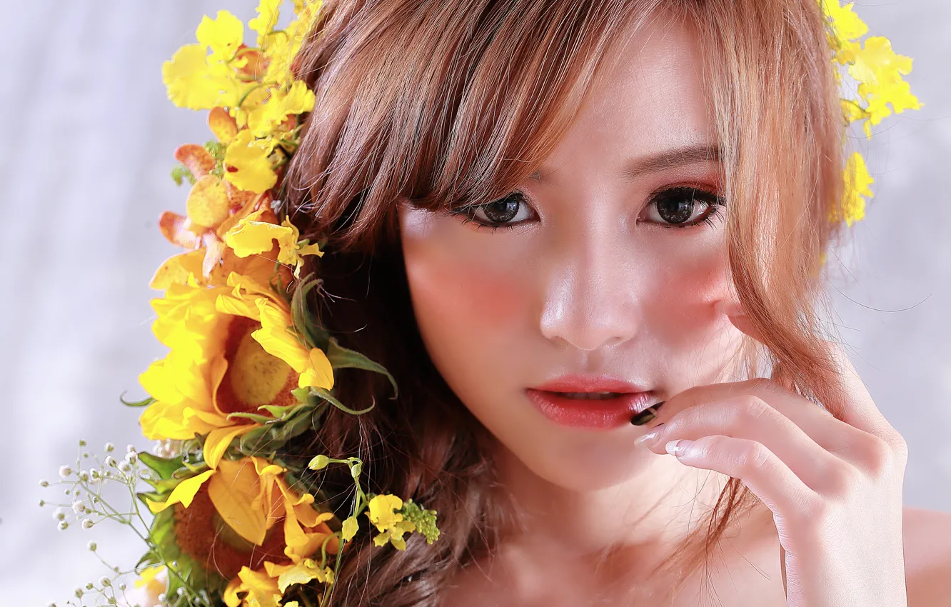 Photo wallpaper look, flowers, face, hair, makeup, Asian, beauty