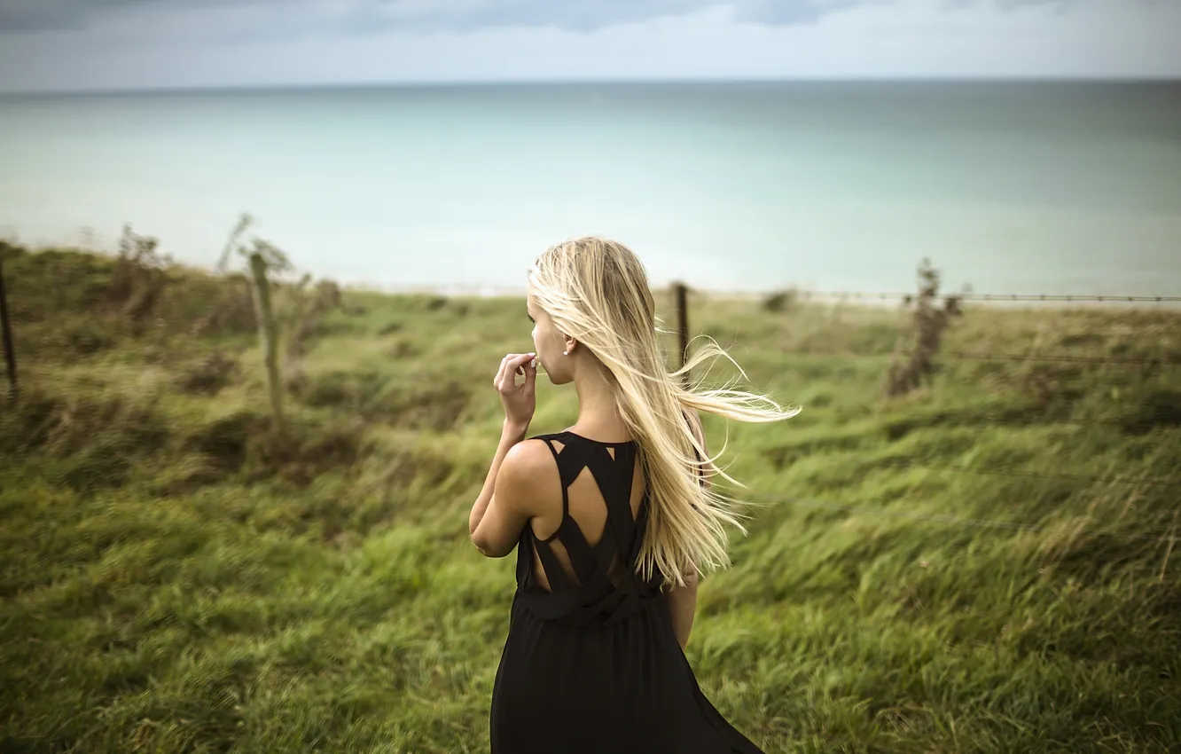 Photo wallpaper grass, the wind, black, back, dress, blonde, neckline