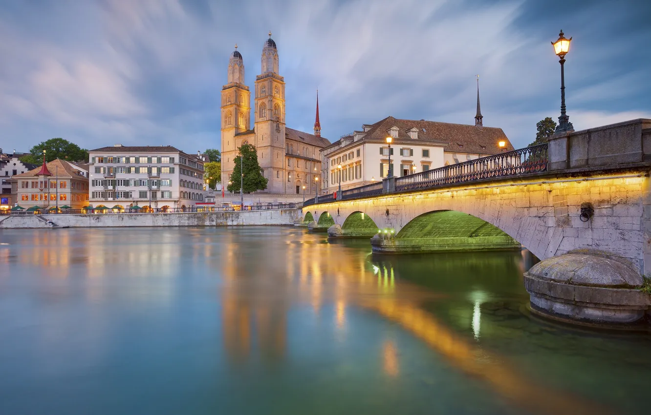 Photo wallpaper bridge, river, home, Switzerland, Zurich