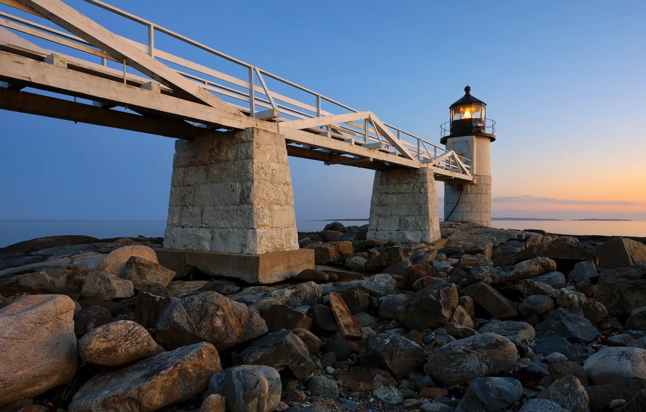 Photo wallpaper landscape, bridge, stones, lighthouse
