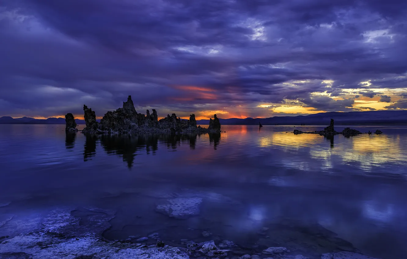 Photo wallpaper the sky, clouds, sunset, lake, rocks, the evening