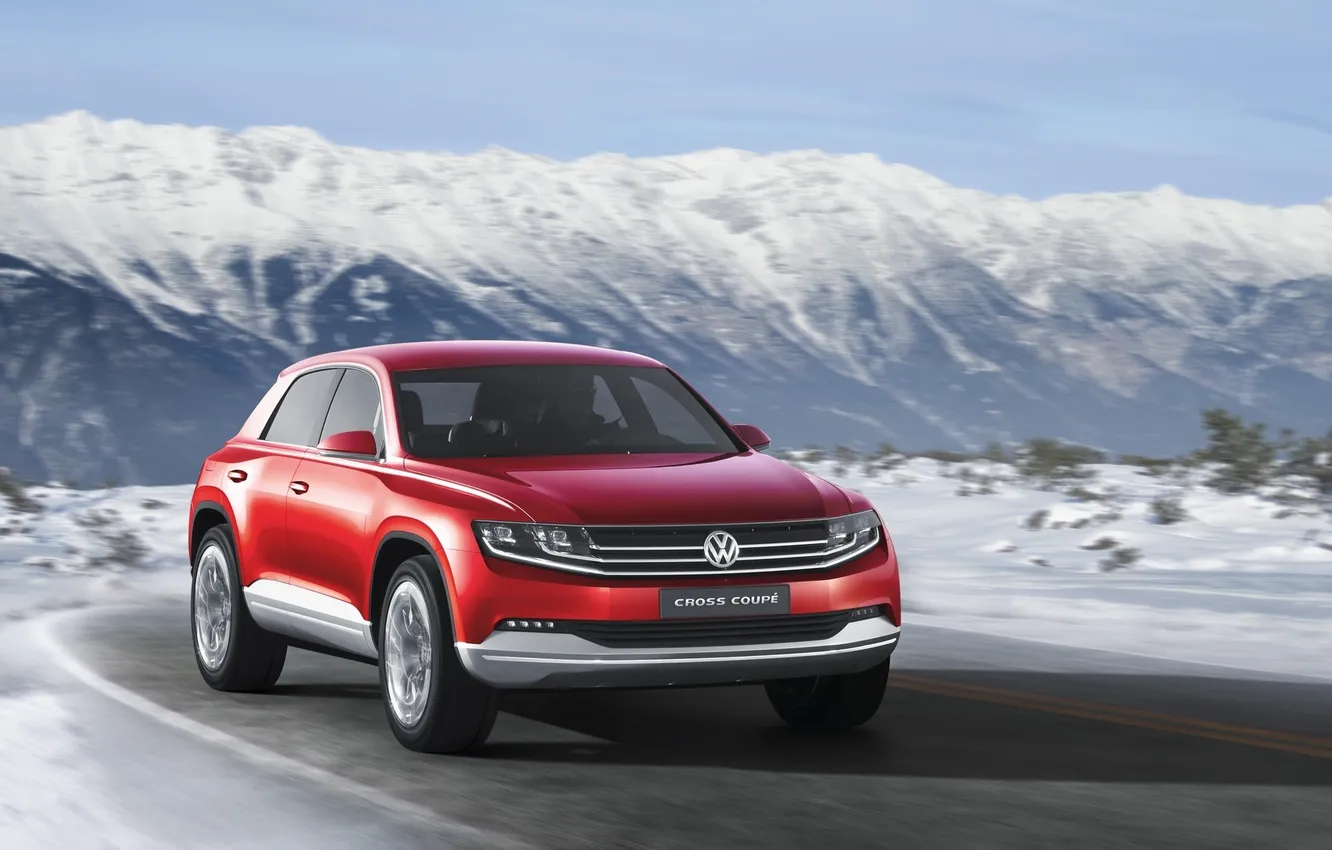 Photo wallpaper road, Concept, snow, mountains, red, Volkswagen, the concept, the front