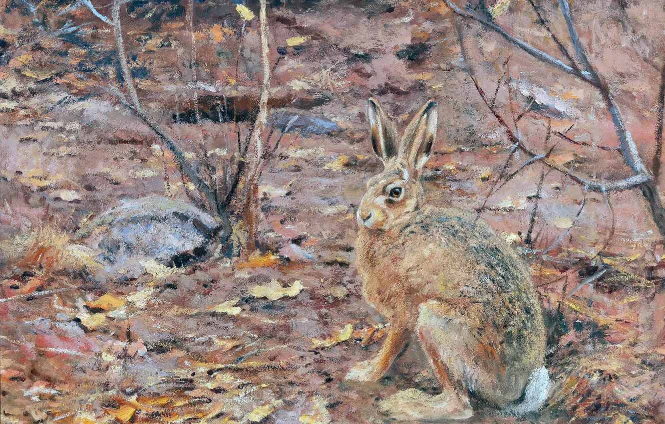 Photo wallpaper trees, hare, picture, German artist, Wilhelm Lorenz, Wilhelm Lorenz