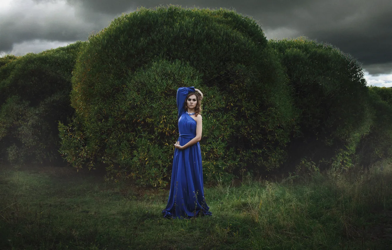 Photo wallpaper autumn, the sky, grass, look, girl, decoration, trees, clouds