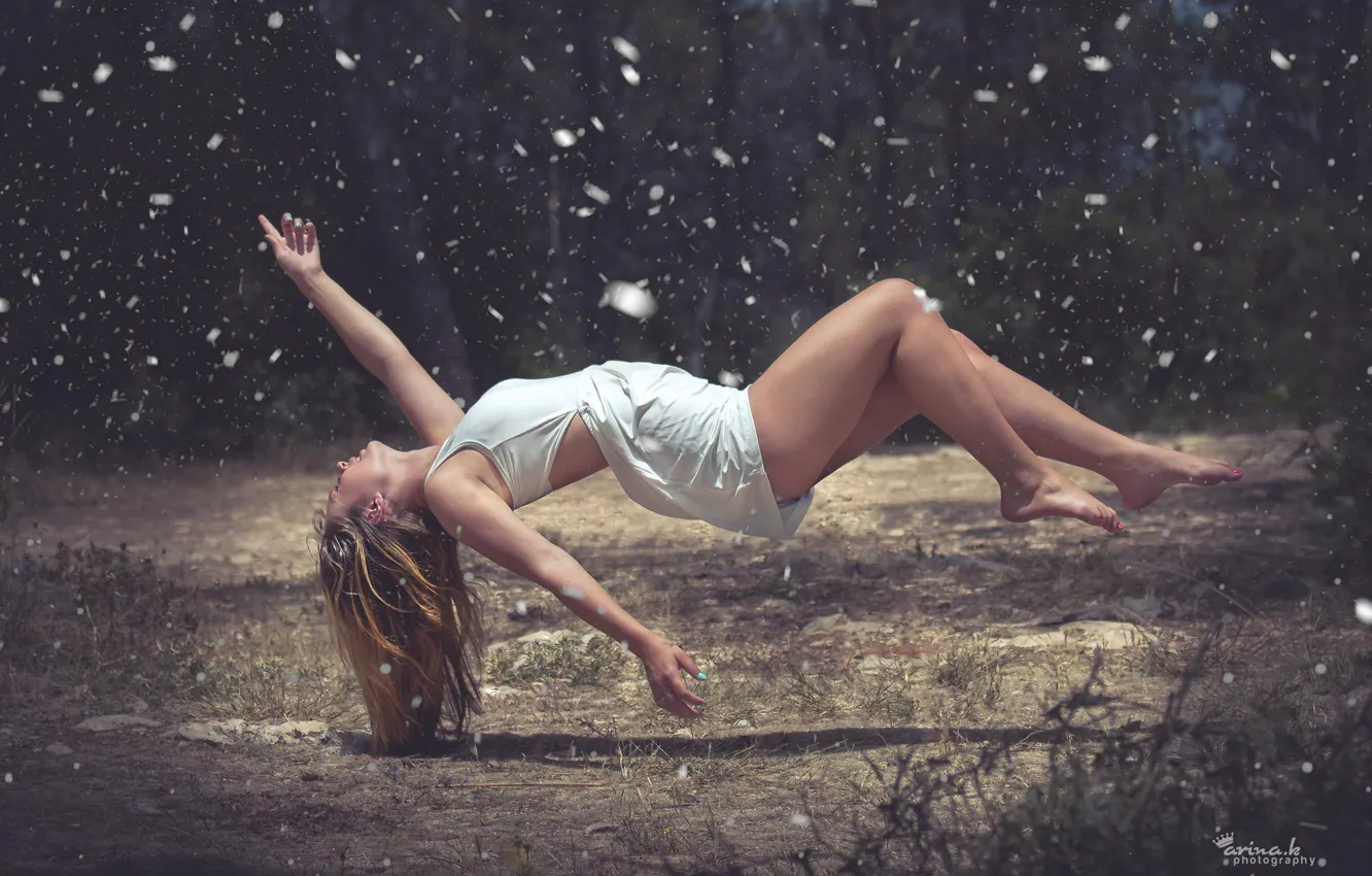 Photo wallpaper forest, girl, flight, hair, the situation, feathers