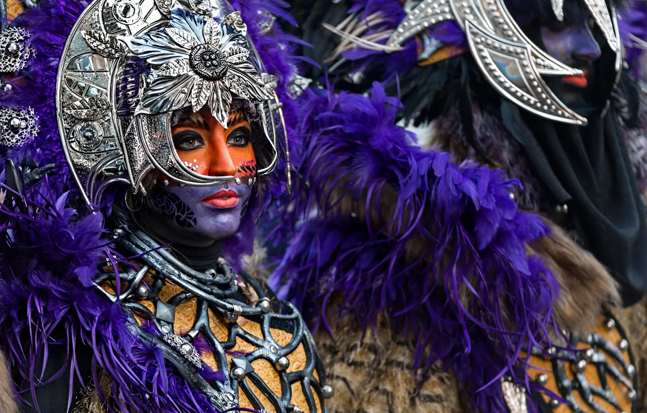 Photo wallpaper look, girl, decoration, style, silver, feathers, crown, makeup