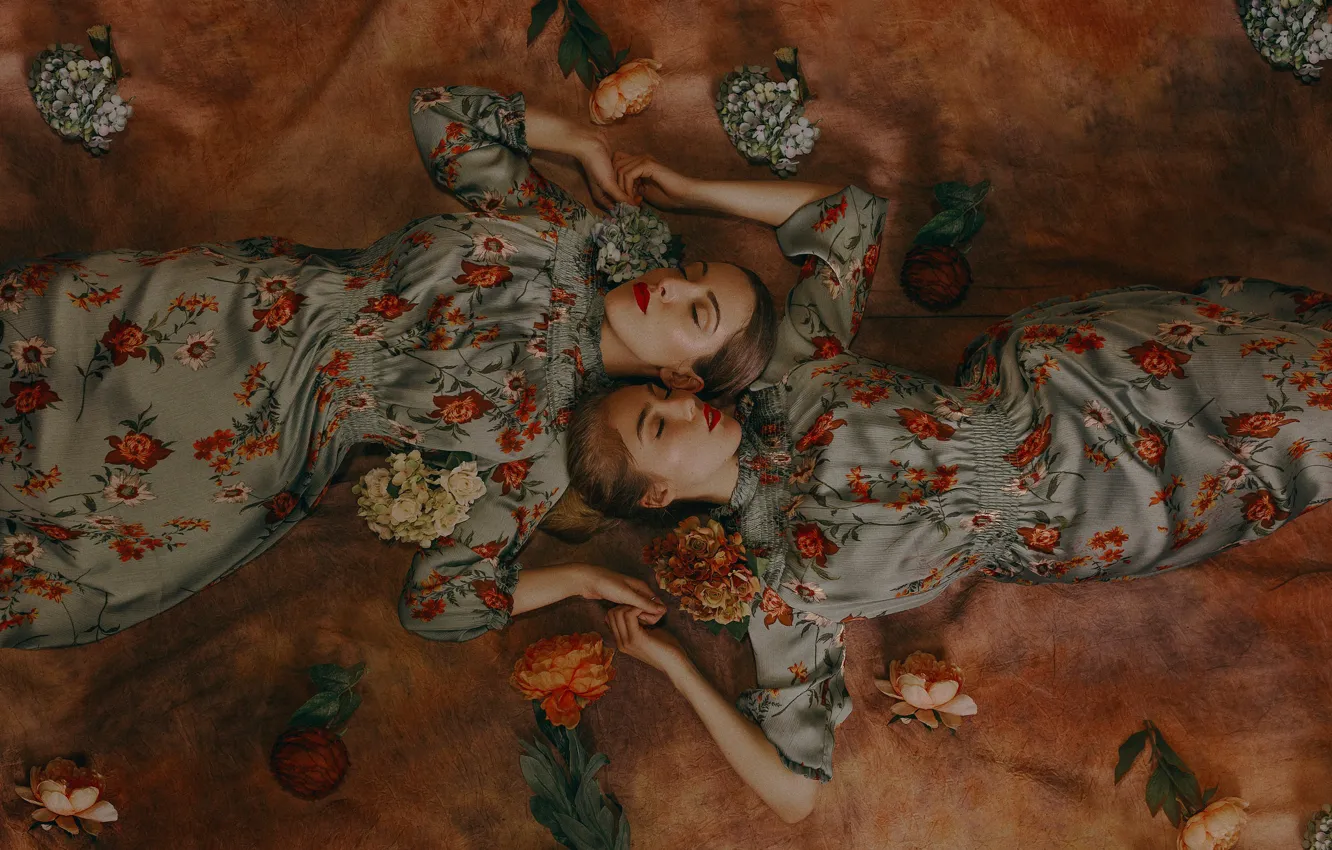 Photo wallpaper flowers, pose, mood, model, dress, two girls
