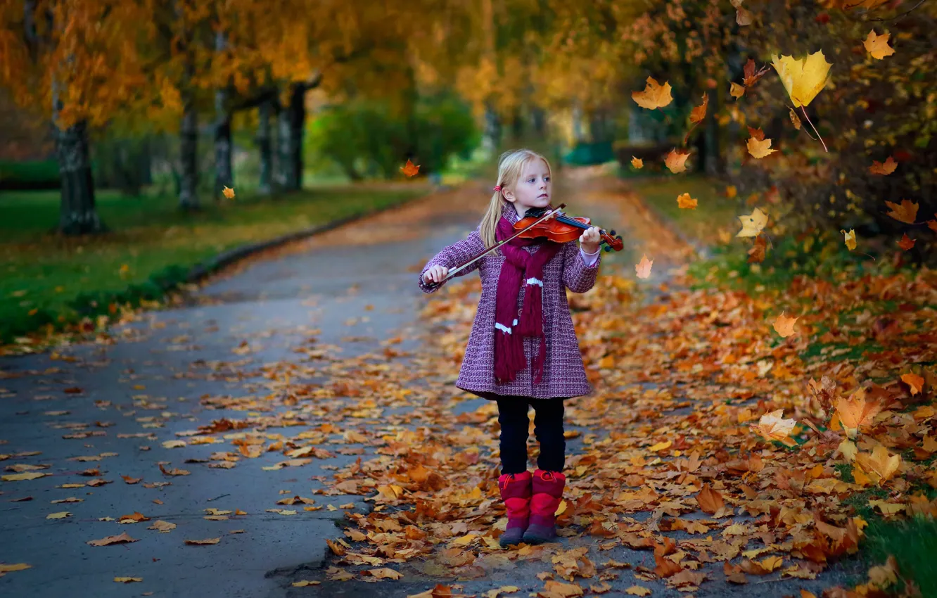Photo wallpaper autumn, leaves, nature, children, violin, girl, alley, Postonen Ekaterina