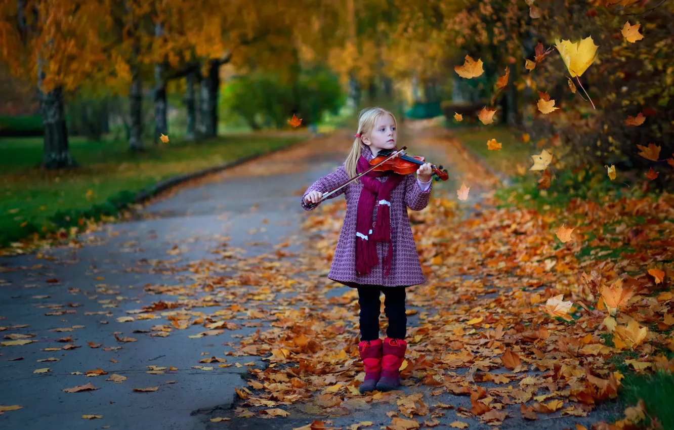Photo wallpaper autumn, leaves, nature, violin, girl, alley, child, Postonen Ekaterina