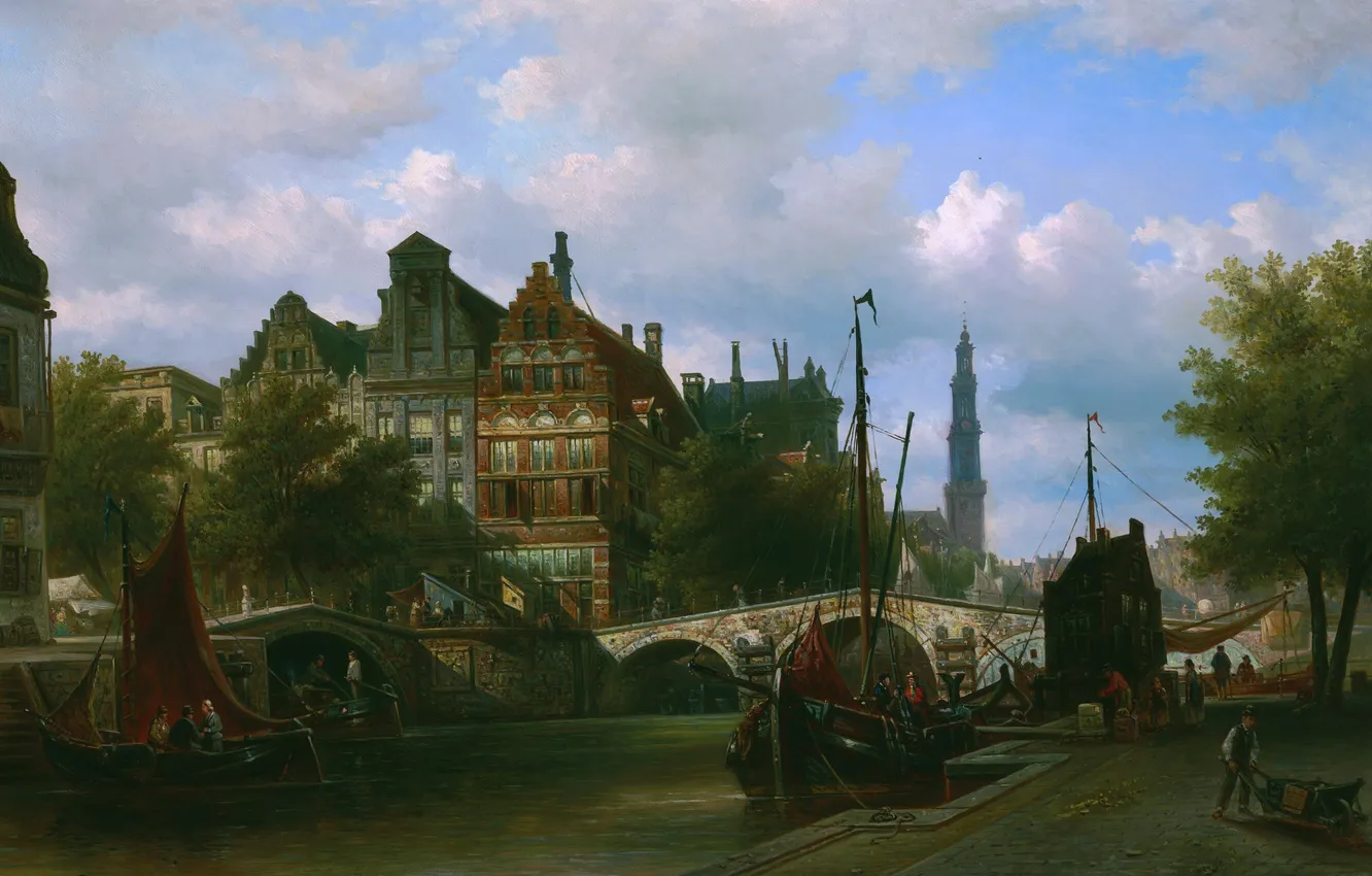 Photo wallpaper Home, Bridge, People, Picture, Dutch artist, Elias Pieter van Bommel, Elias Peter van Bommel, View …