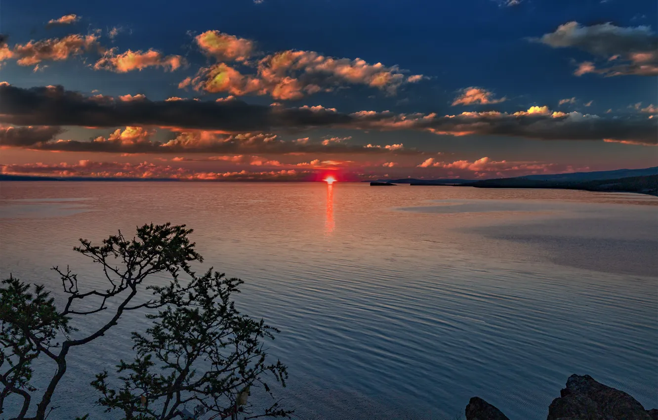 Photo wallpaper the sun, clouds, trees, landscape, nature, lake, sunrise, dawn