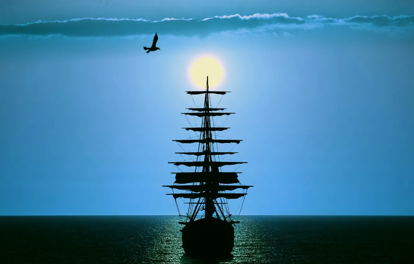 Photo wallpaper sea, clouds, seagulls, sailboat, the evening