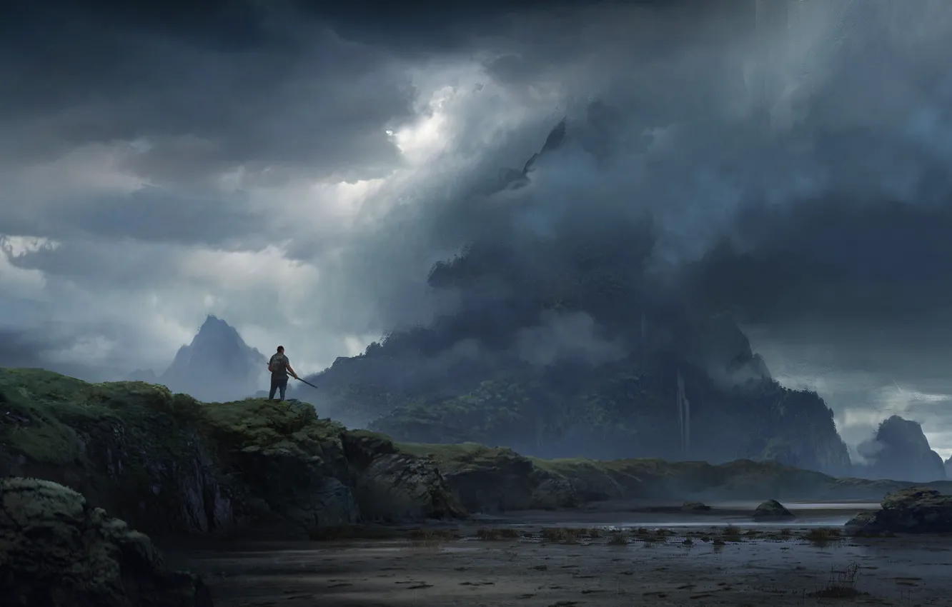 Photo wallpaper the sky, clouds, mountains, fog, waterfall, traveler, male, sky