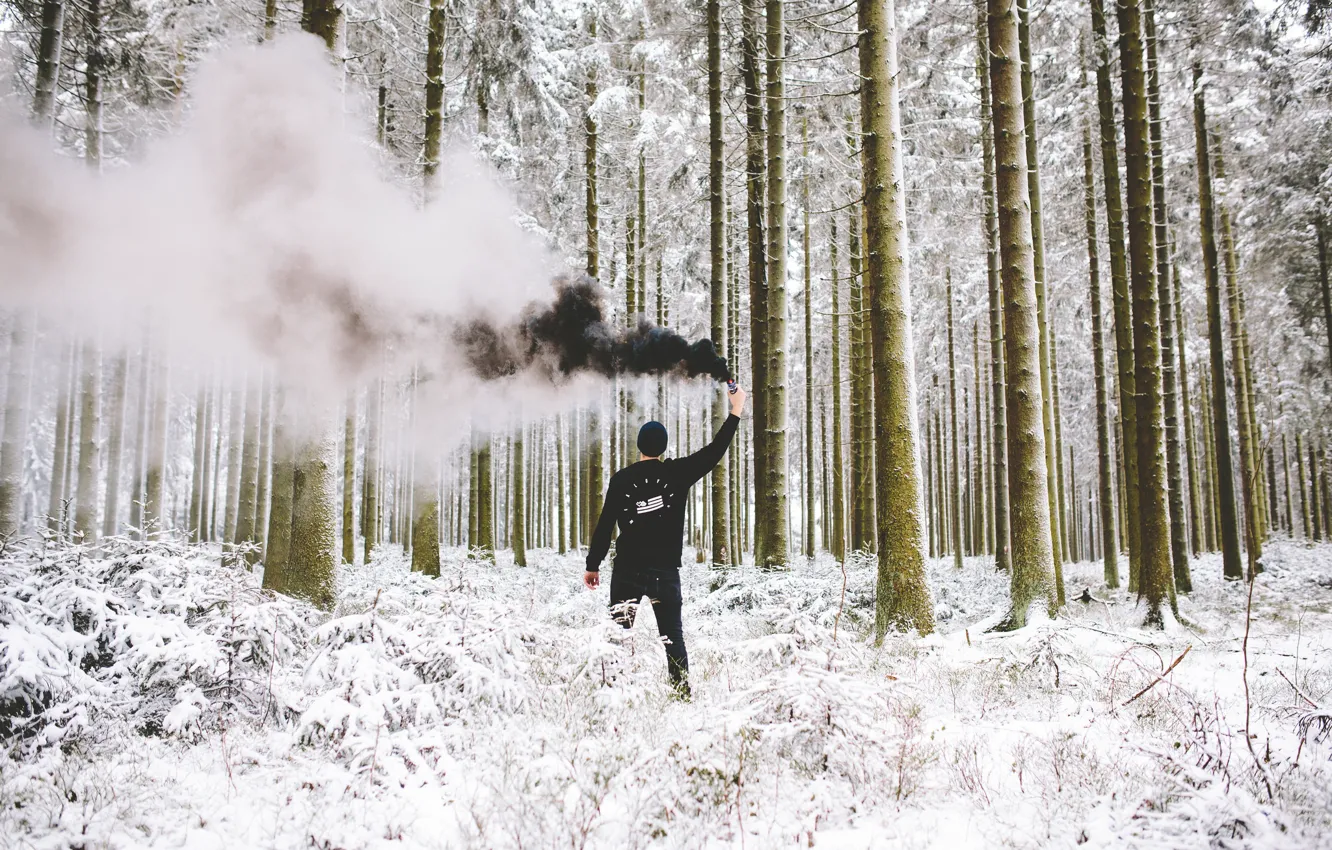 Photo wallpaper winter, forest, snow, black, smoke, male