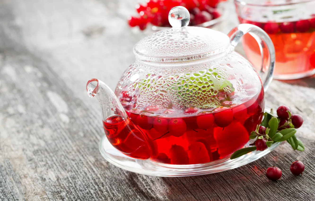 Photo wallpaper tea, hot, kettle, drink, cranberries, berry