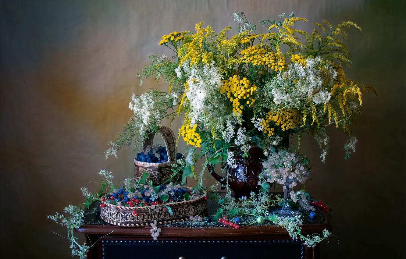 Photo wallpaper white, flowers, yellow, red, berries, table, background, wall