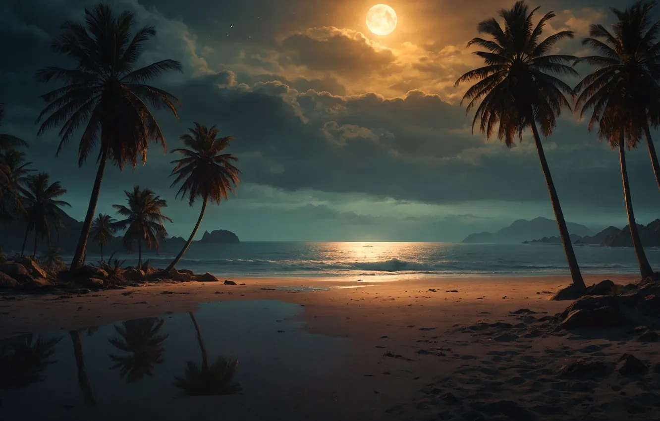 Photo wallpaper twilight, idyll, horizon clouds, palm silhouettes, moonlit night at sea, the hills in the distance, …