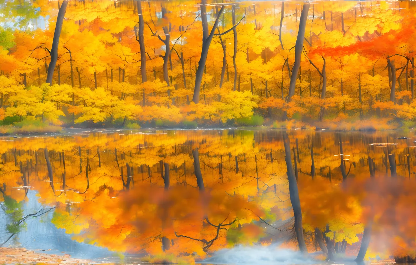 Photo wallpaper autumn, forest, trees, lake, reflection, shore, foliage, pond
