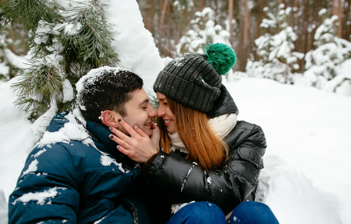 Photo wallpaper winter, forest, girl, trees, love, nature, smile, Park