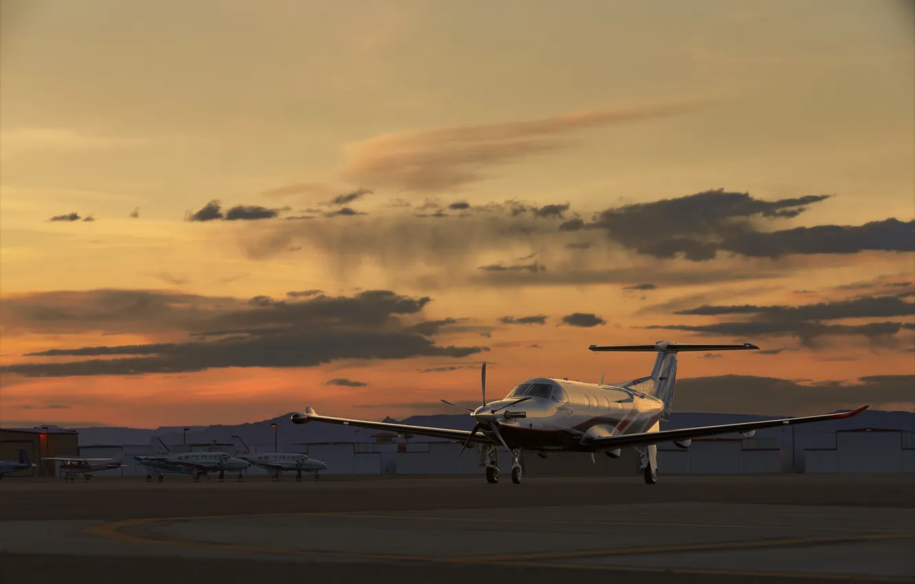 Photo wallpaper sunset, the plane, the airfield, PILATUS, PC-12