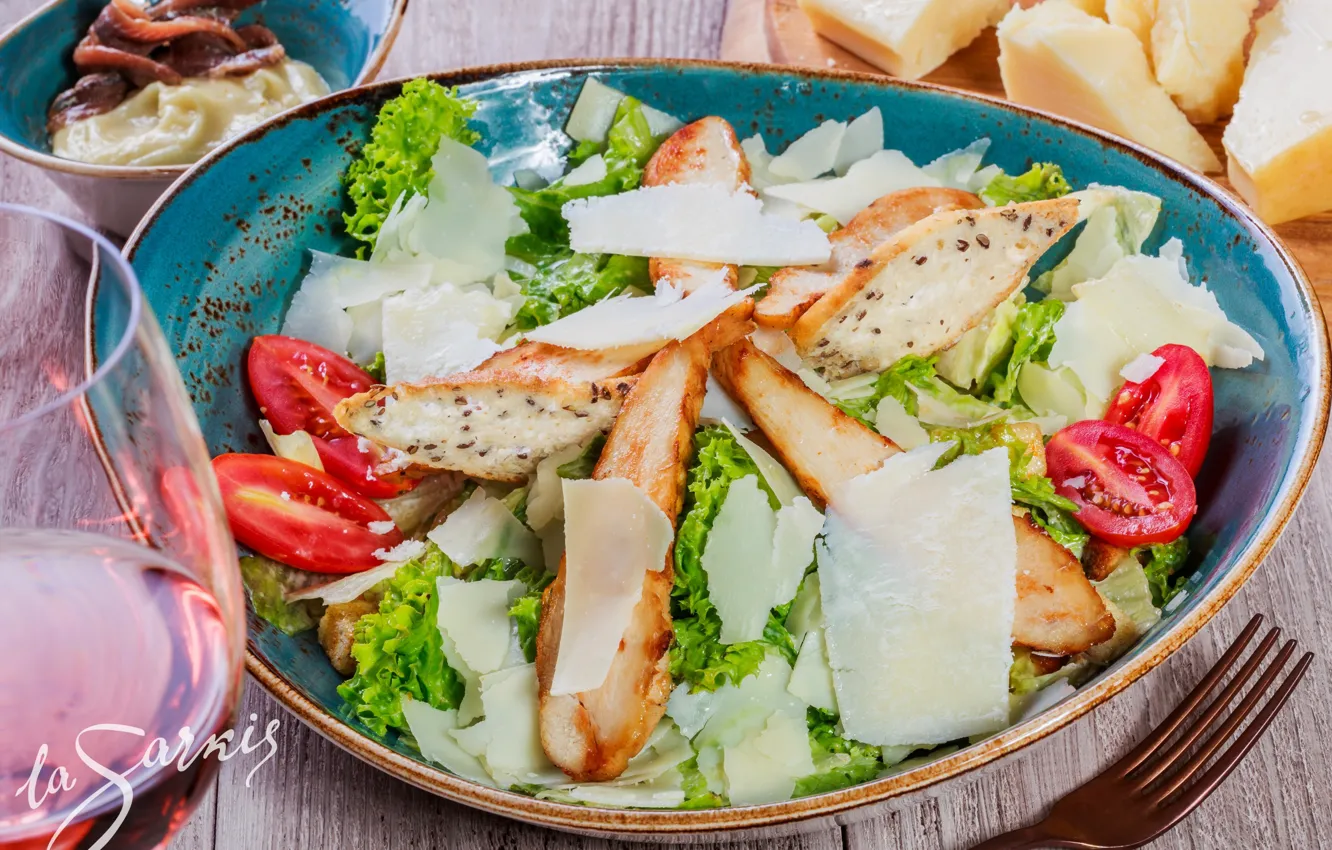 Photo wallpaper meat, tomatoes, salad, Parmesan