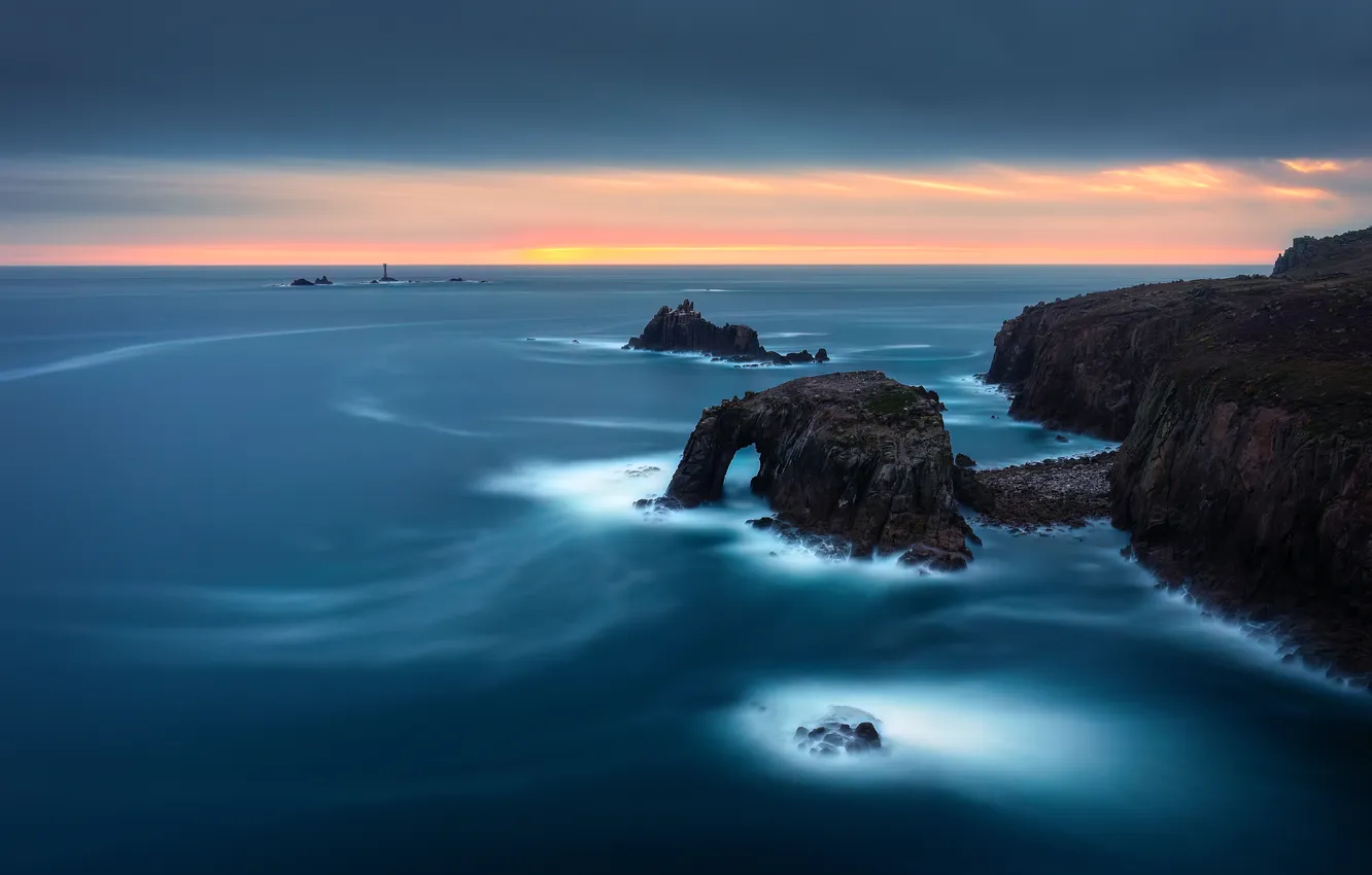 Photo wallpaper sea, sunset, shore, England, Sennen