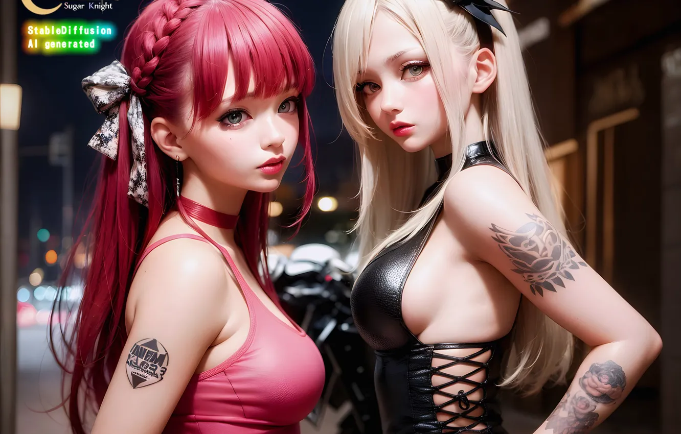 Photo wallpaper pink hair, night, tattoo, women, blonde, digital art, black dress, white dress