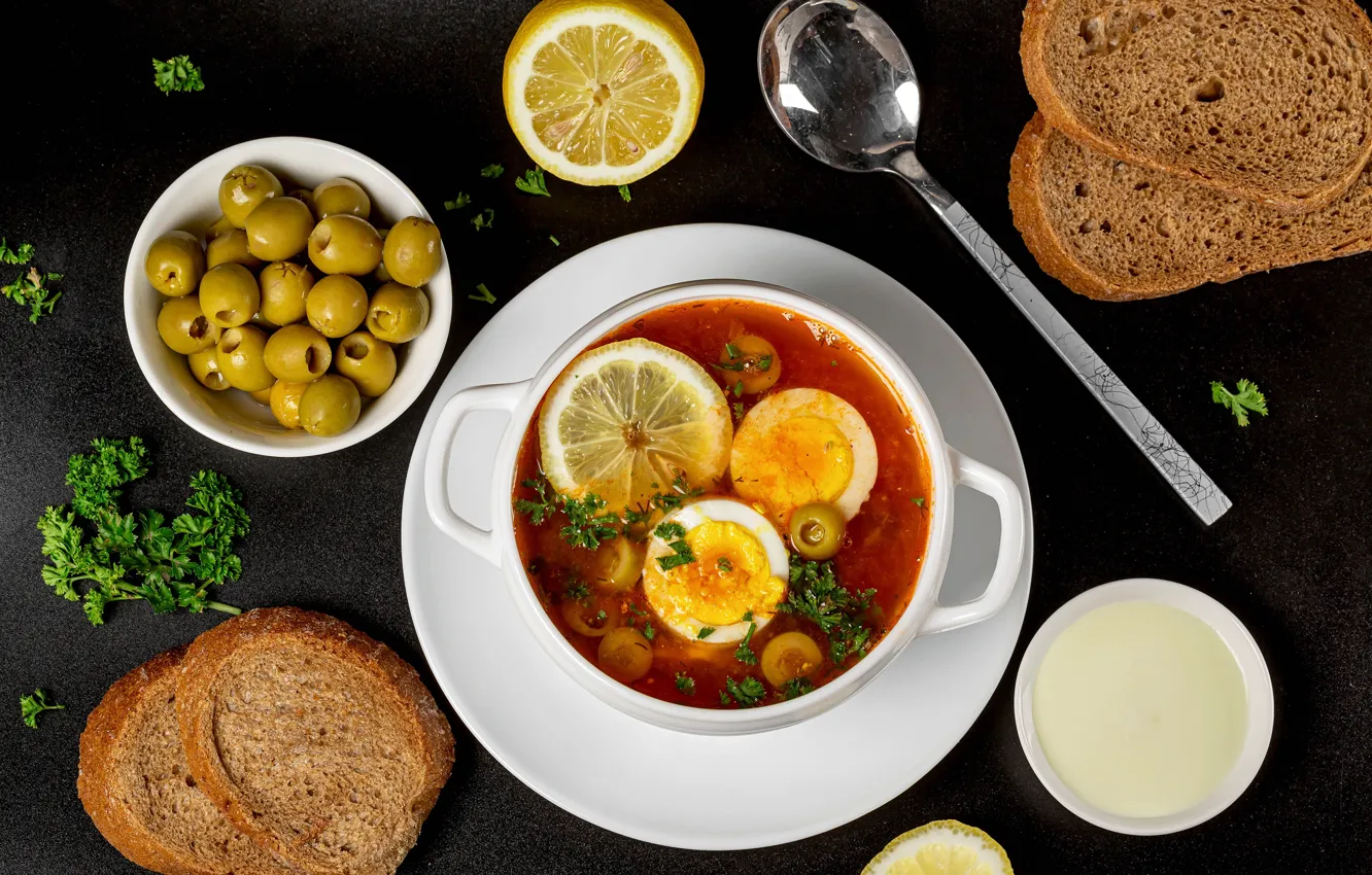 Photo wallpaper eggs, bread, soup, olives